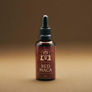 May include: A brown glass bottle with a black dropper top. The label is red and white and says "Ultrasonic Red Maca Full Spectrum Extract 50 ML Crafted in Ecuador".