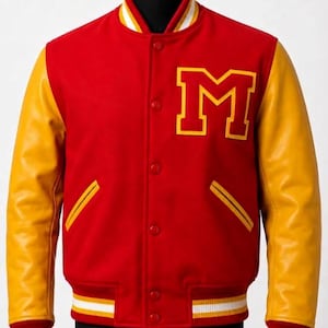 May include: A red varsity jacket with yellow sleeves, featuring a large yellow letter M on the left chest. The jacket has a snap-button front closure, two side pockets with yellow trim, and ribbed cuffs and hem with white and yellow stripes.