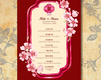 Menu weselne z akwarelowym kwiatem wiśni | Dwujęzyczne, edytowalne (szablon Canva)
