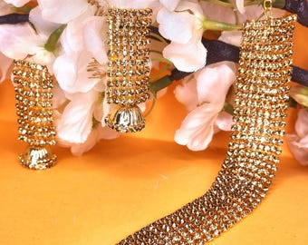 Gold Rhinestone Choker Necklace & Earrings: Indian Bridal Jewelry Set