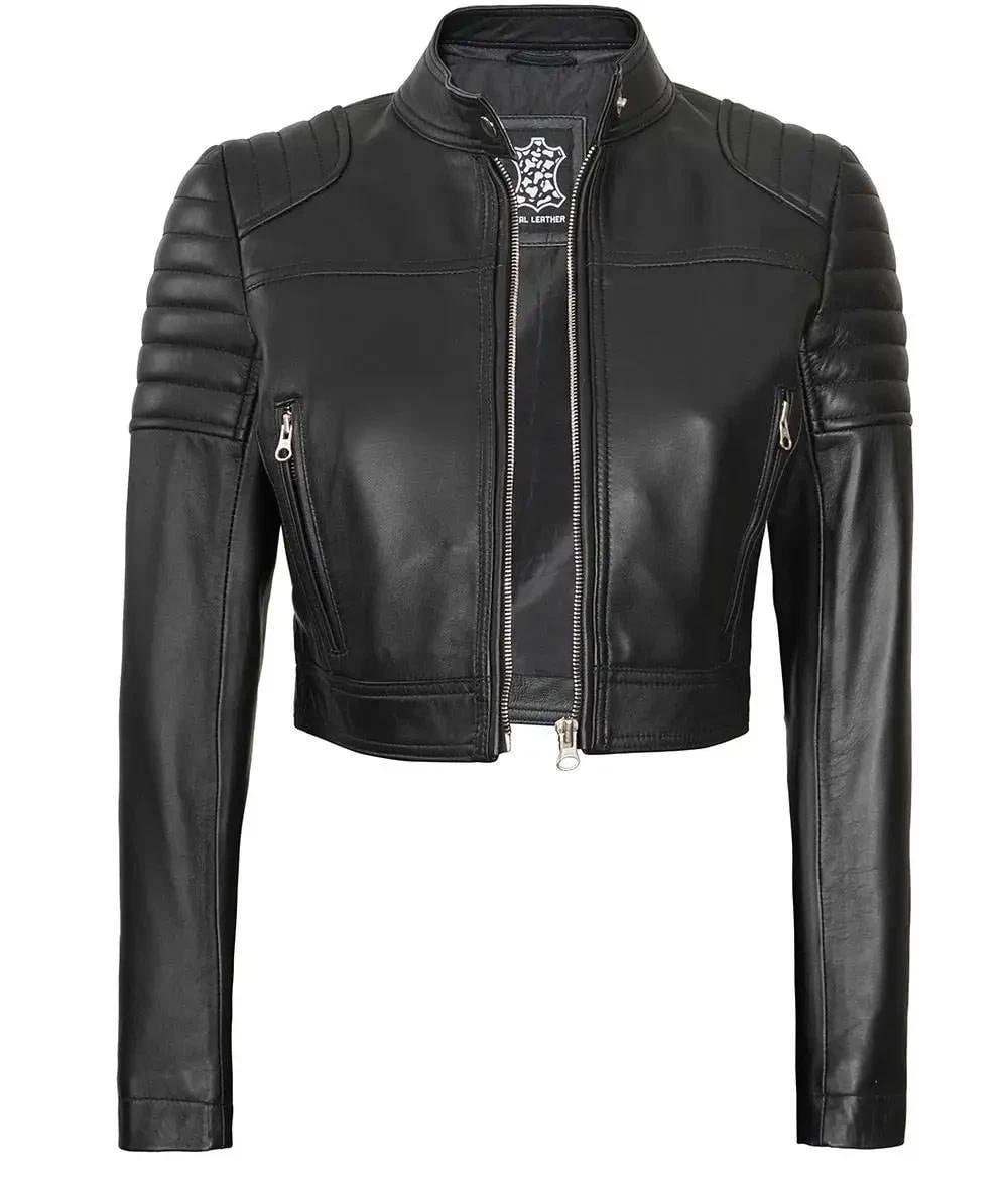 Handmade Womens Black Cropped Leather Jacket | Ladies Trending Crop Leather Jacket Biker Style Casualwear for Her