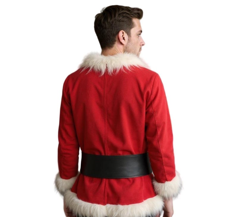 May include: A red Santa Claus jacket with white faux fur trim on the collar and cuffs. The jacket has a black belt. The person is facing away from the camera.