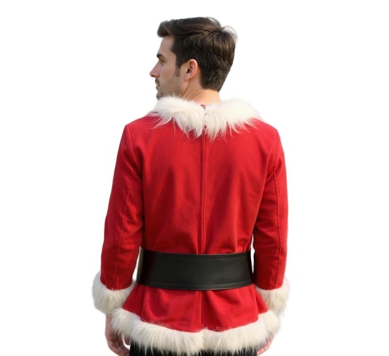 May include: A red Santa Claus jacket with white faux fur trim on the collar and cuffs. The jacket has a black belt around the waist. The person is facing away from the camera.