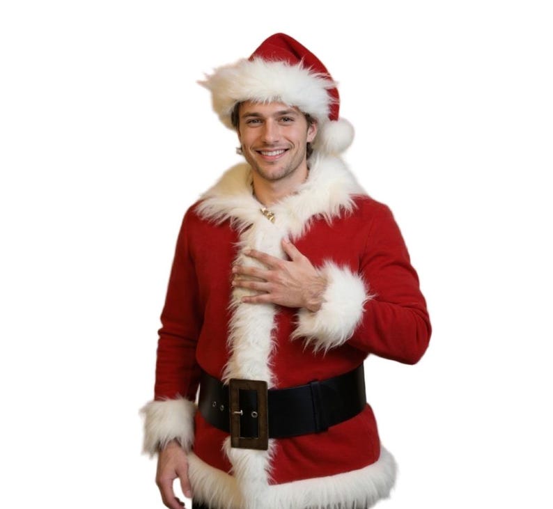 May include: A red Santa Claus suit with white faux fur trim. The outfit includes a jacket, hat, and a black belt with a gold buckle. The jacket has white fur trim around the collar, cuffs, and hem. The Santa hat is red with a white fur trim.