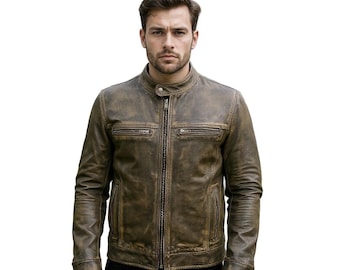 Handmade Men&#39;s Triple Stitch Café Racer Cowhide Motorcycle Leather Jacket | Mens Distressed Biker Style Jacket | Vintage Fashion Outerwear