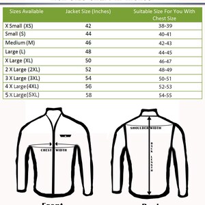 May include: A men's jacket size chart in inches. The chart lists sizes from X-Small to 5X-Large, with corresponding jacket sizes and chest sizes. Diagrams illustrate front and back jacket measurements, including chest width, shoulder width, and back length.