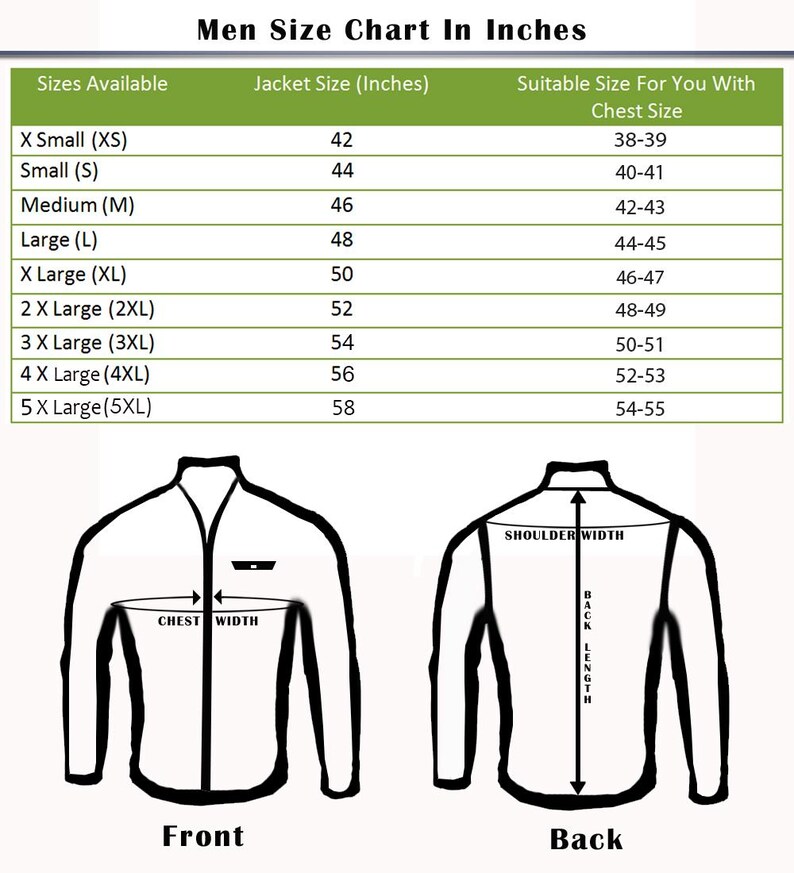 May include: A men's jacket size chart in inches. The chart lists sizes from X-Small to 5X-Large, with corresponding jacket sizes and chest sizes. Diagrams illustrate front and back jacket measurements, including chest width, shoulder width, and back length.