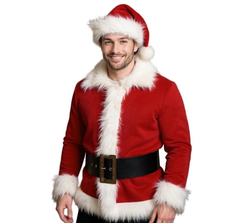 May include: A red Santa Claus suit with white faux fur trim. The suit includes a jacket, pants, and a hat. The jacket has a black belt with a gold buckle. The hat has a white pom-pom.