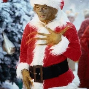 May include: A character dressed as Santa Claus, wearing a red suit with white fur trim, a black belt, and a matching hat. The character has green skin and a mischievous expression, set against a snowy background.