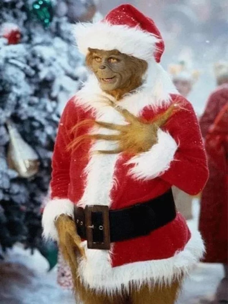 May include: A character dressed as Santa Claus, wearing a red suit with white fur trim, a black belt, and a matching hat. The character has green skin and a mischievous expression, set against a snowy background.