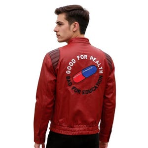 Handmade Akira Leather Jacket Men | Bomber Jacket | Pill Jacket | Capsule Good for Health Bad for Education