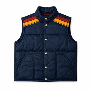 May include: Navy blue quilted vest with a stand-up collar and a button-up front. The vest features two front pockets and a decorative stripe design in yellow and red across the shoulders. A classic outerwear piece.