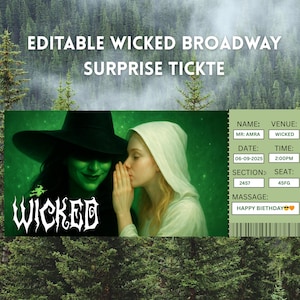 Editable Wicked Broadway Surprise Ticket, Personalized Gift Reveal, Musical Theatre Faux Event Admission Ticket, Instant Download