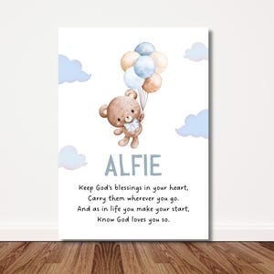 Impresión personalizada de osito de peluche para guardería / Póster con poema de bendición para bebé con nombre personalizado / Azul o rosa / Impresión A4/A3 o descarga digital instantánea