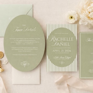 Whimsical Garden Party Green Striped Wedding Invitation Suite Template, DIY Wedding and Elopement Invite