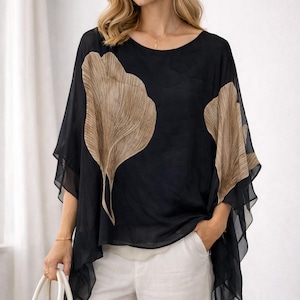 Tunique En Soie Noire AVENTURE Collection – Femme Taille M, Manches Courtes