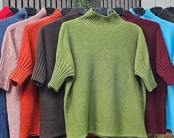 Ribbed Turtleneck Knit Jumper For Woman |  Cosy Winter Sweater | Short Sleeve Chunky Knit | Soft Warm Italian Style Top UK Size 8-16