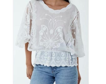 Embroidered Floral Lace Top: Butterfly Sleeve Boho Blouse (UK 8-16)