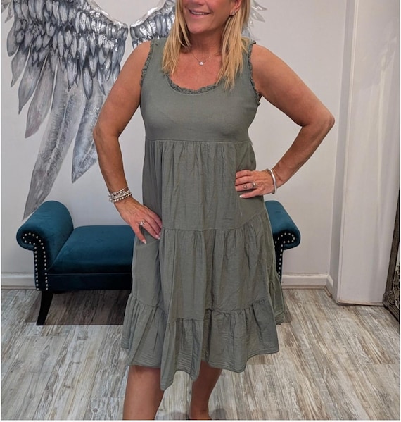 Mint Green Cheesecloth Skater Dress: Sleeveless Ruffle Midi - UK 8-16