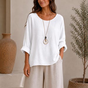 Italian Oversized Tunic Top with Necklace, Loose Fit Women’s Blouse, Rolled Sleeve Summer Top, One Size UK 8-18
