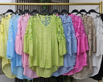 100% Cotton Italian Tunic Top | Lace Detail Blouse | Loose Fit Women’s Summer Wear