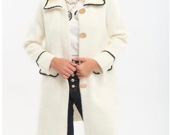 Elegant Long Winter Coat: Viscose Nylon Blend, Decorative Trims