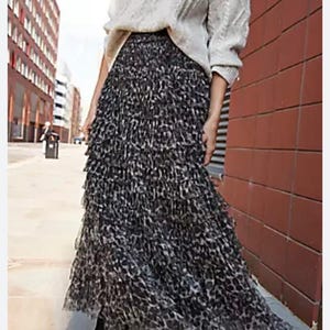 Leopard Print Tulle Maxi Skirt: Tiered Ruffle Mesh, High Waist