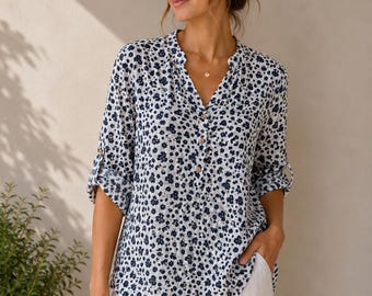 Italian 100% Cotton Floral Tunic Top for Women | Button Detail Front Blouse | Lightweight Summer Shirt | Roll Sleeve Casual Top | Oversized