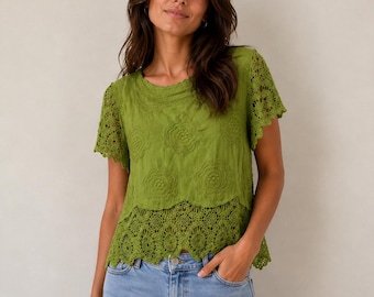 Cotton Lace Blouse | Crochet Detail Short Sleeve Tunic Top (UK 8–14)