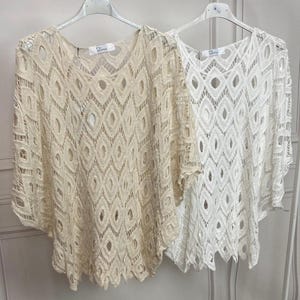 Ladies Crochet Lace Boho Top | Baggy Beach Cover Up | Festival Tunic | One Size 8–18| Ladies One Size Cotton Blouse | Casual Summer Top
