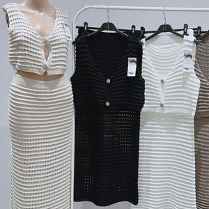 Sleeveless Crochet Co Ord Set | Knit Crop Top & Midi Skirt | Summer Boho Outfit | Vacation 2 Piece Set Women | One Size Fits 8-14