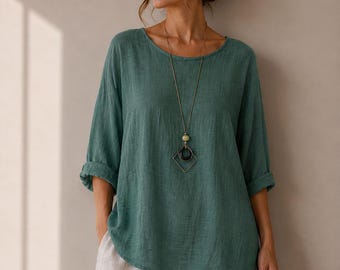 Blusa tipo túnica de algodón italiano con collar / Blusa ligera de verano, corte holgado (tallas del Reino Unido 8-18)