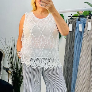 Ladies 100% Cotton Crochet Lace Sleeveless Top | Lightweight Boho Tank Top Pom Pom Detail | Blouse with Lace Trim One Size UK 8–16