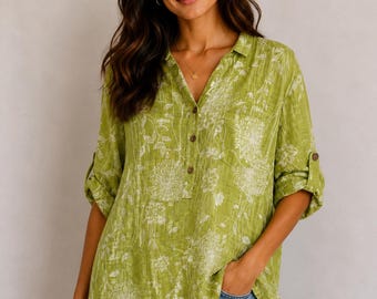 Italian Cotton Floral Tunic Top | Loose Fit Summer Blouse (One Size UK 8-18)