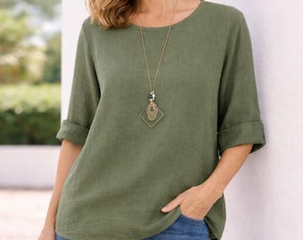 Italian Cotton Tunic Top with Necklace | Lightweight Summer Blouse, Relaxed Fit (UK 8-18)