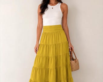 Cotton Tiered Maxi Skirt: Lagenlook Boho Style, Fits UK 8-14