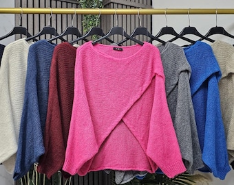 Pull chauve-souris croisé en tricot pour femme, pull à manches longues, taille britannique 8-18