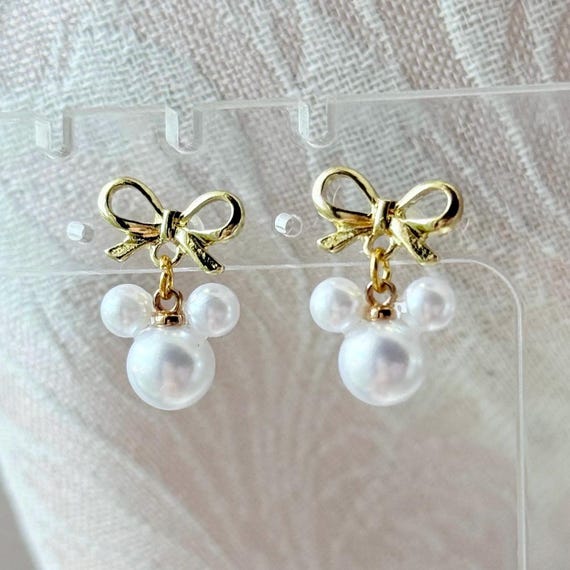 Bow Mickey Pearl Drop Earrings | Stainless Steel, Hypoallergenic