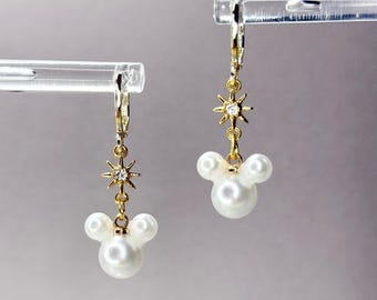 Mickey Sparkle Pearl Drop Earrings: 18k Gold Plated, Hypoallergenic