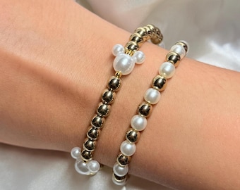 Beaded & Pearl Mickey Bracelet Set of 2 | Gold and Silver