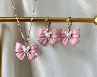 Pink Bow Mickey Drop Pearl Earrings | Disney Jewelry | custom jewelry| pearl earrings | coquette bow | pink bow earrings