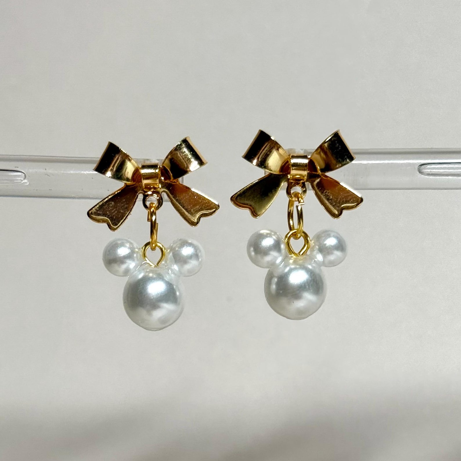 Gold Bow Mouse Pearl Drop Earrings