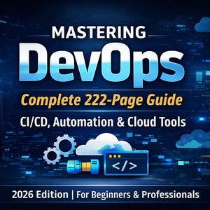 May include: A book cover titled "Mastering DevOps" with the text "Complete 222-Page Guide" and "CI/CD, Automation & Cloud Tools." The cover features a dark blue background with server racks, gears, clouds, and code symbols. The edition is for beginners and professionals.