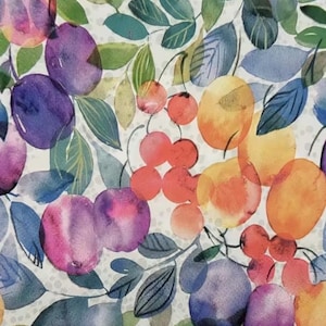 May include: Watercolor illustration of various fruits and leaves. The image features plums, cherries, and oranges in shades of purple, red, and orange, with green and blue leaves. The background is a light, dotted pattern.