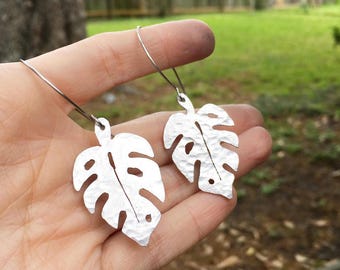 Monstera earrings, metal monstera leaf hoop earrings, leaf earrings, foliage