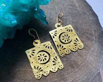 Handmade Papel Picado Crescent Moon Earrings: Metal Flor De Luna