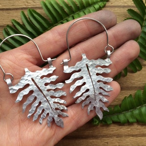 Fern leaf earrings, fern hoop earrings, botanical jewelry, tropical leaf jewelry