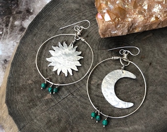 Sun and moon hoop earrings, crescent moon hoops with turquoise , metal sun earrings