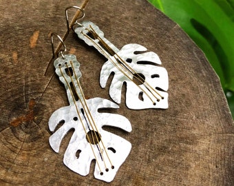 Monstera guitar earrings, acoustic guitar earrings, monstera plant earrings