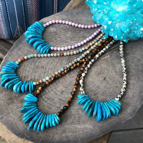 Turquoise beaded necklace , mini gemstone bib necklace , turquoise fan necklace